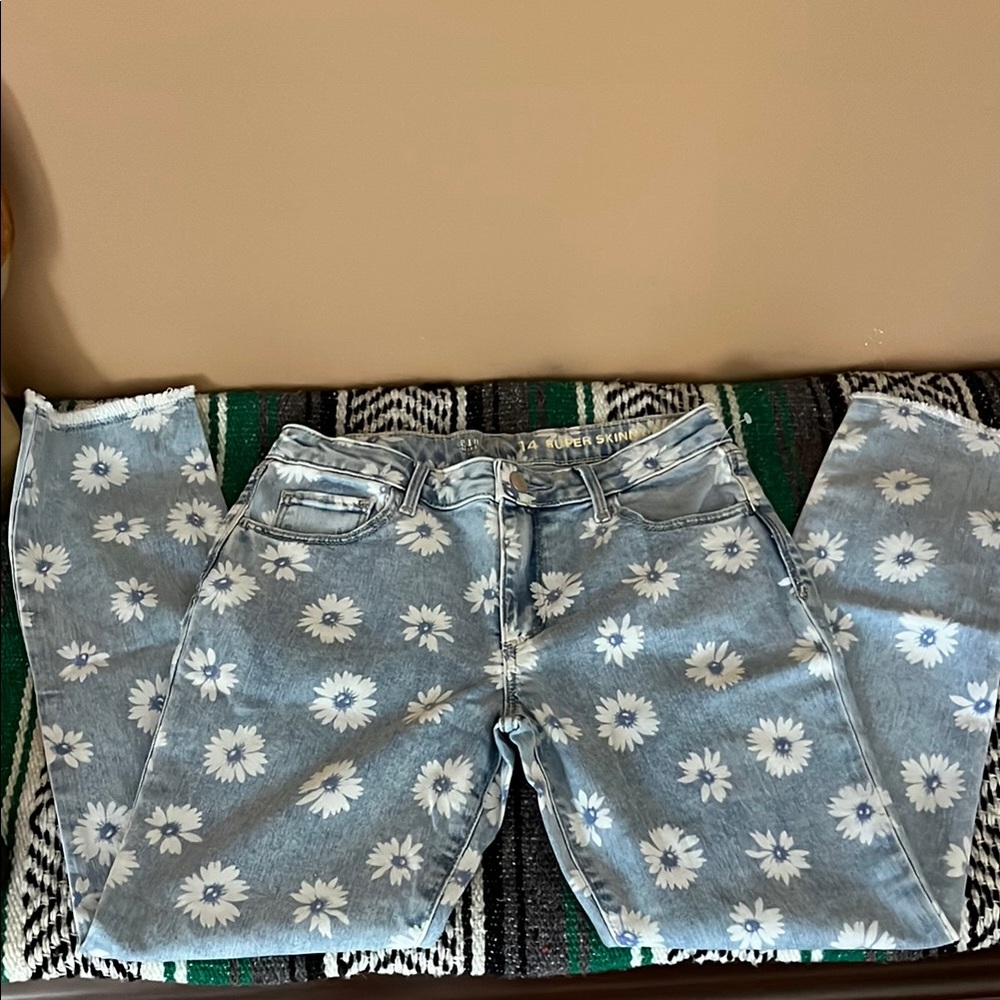GAP KIDS Floral Blue Jeans super skinny ankle fit size 14
